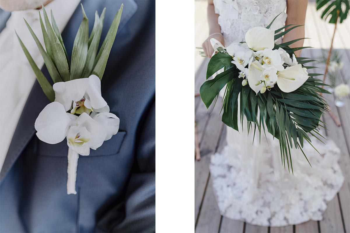 Hochzeitsinspiration Blumenschmuck Monstera Orchideen Brautstrauss und Anstecken