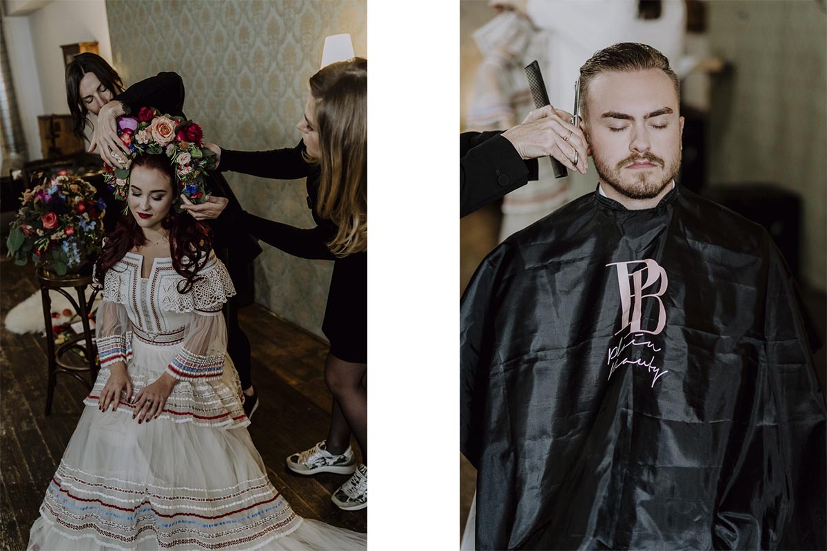 Braut und Bräutigam beim Getting Ready mit Hair und Make Up Artist in Graz